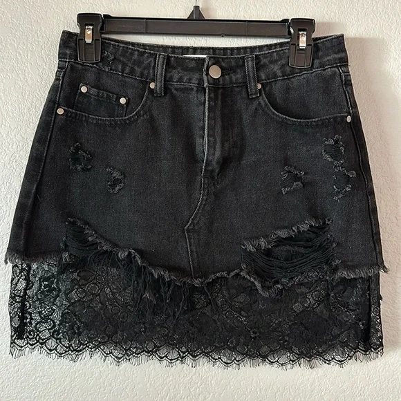 Mustard Seed Skirts Black Denim Lace Destroyed Distressed Mini